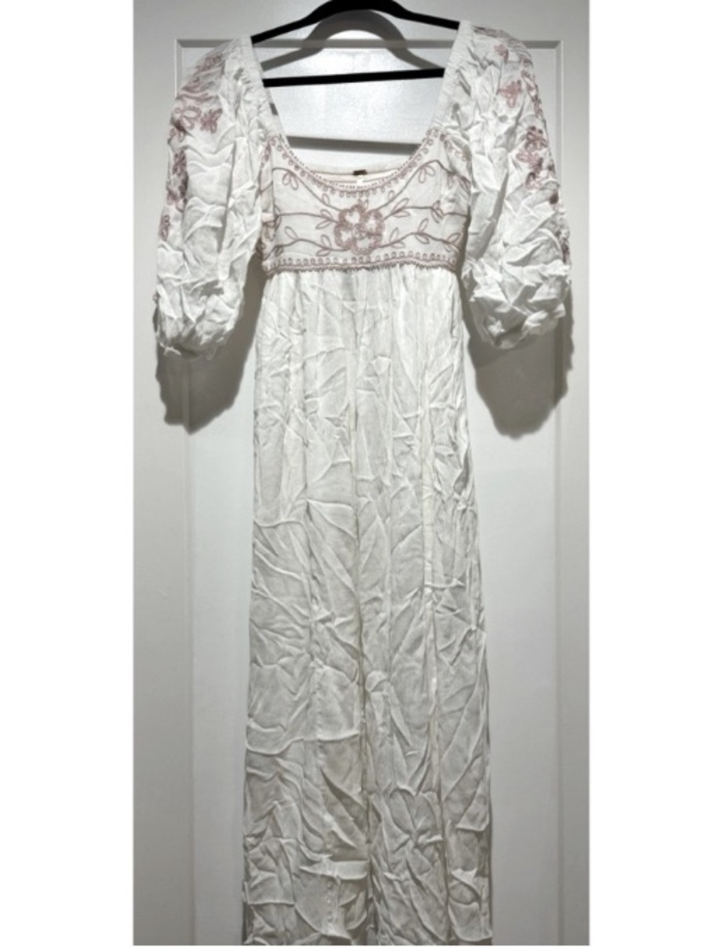 Free People White Maxi Dress with Dusty Pink Embroidery